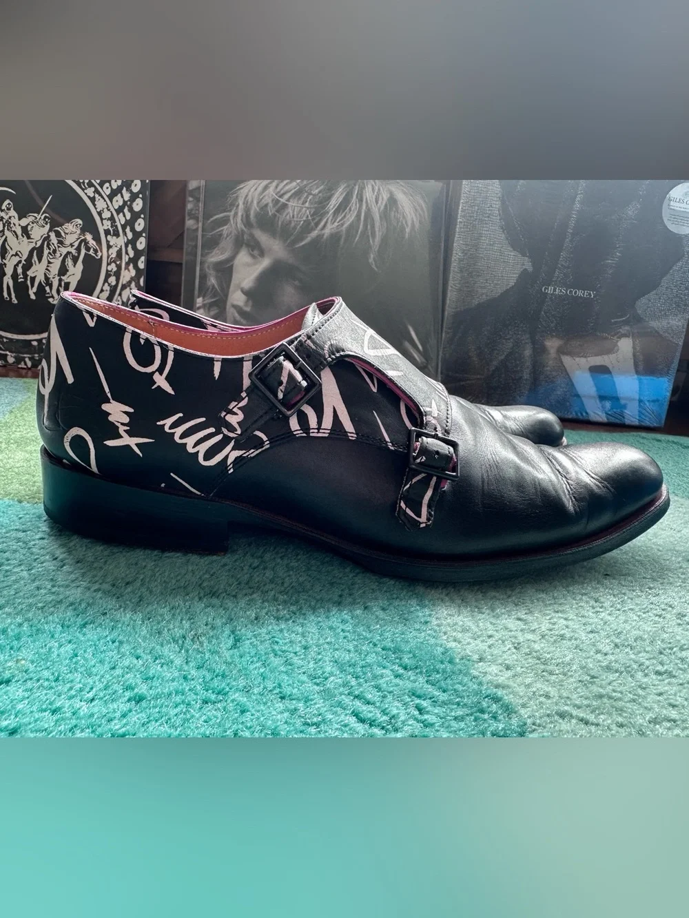 Fluevog Twin Turbine 205 Pine Street black graphic print monk strap shoe -M8/W10
